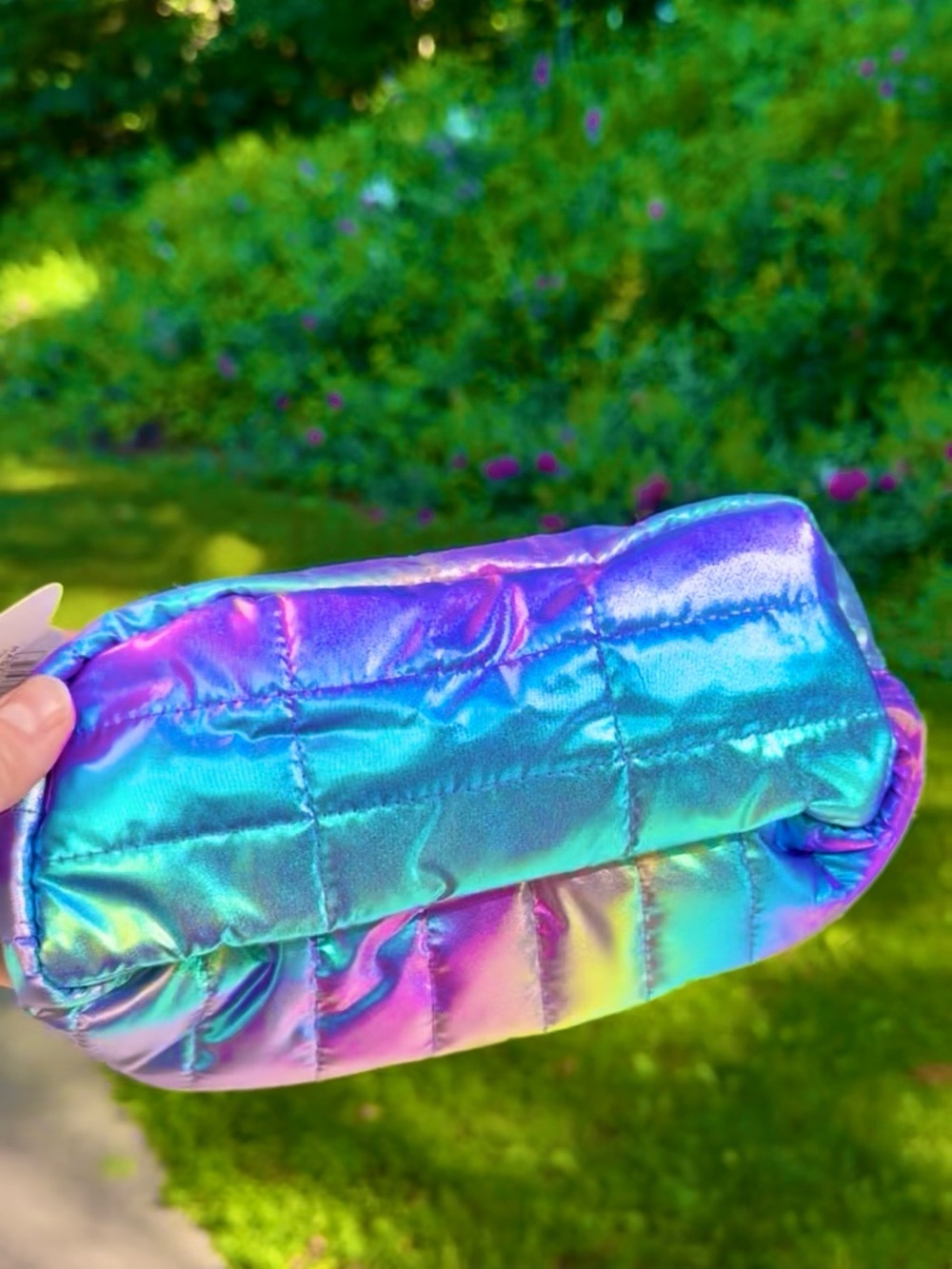 Rainbow Galactic Iridescent Squishy Quilted Metallic Zipper Clutch Makeup Pouch